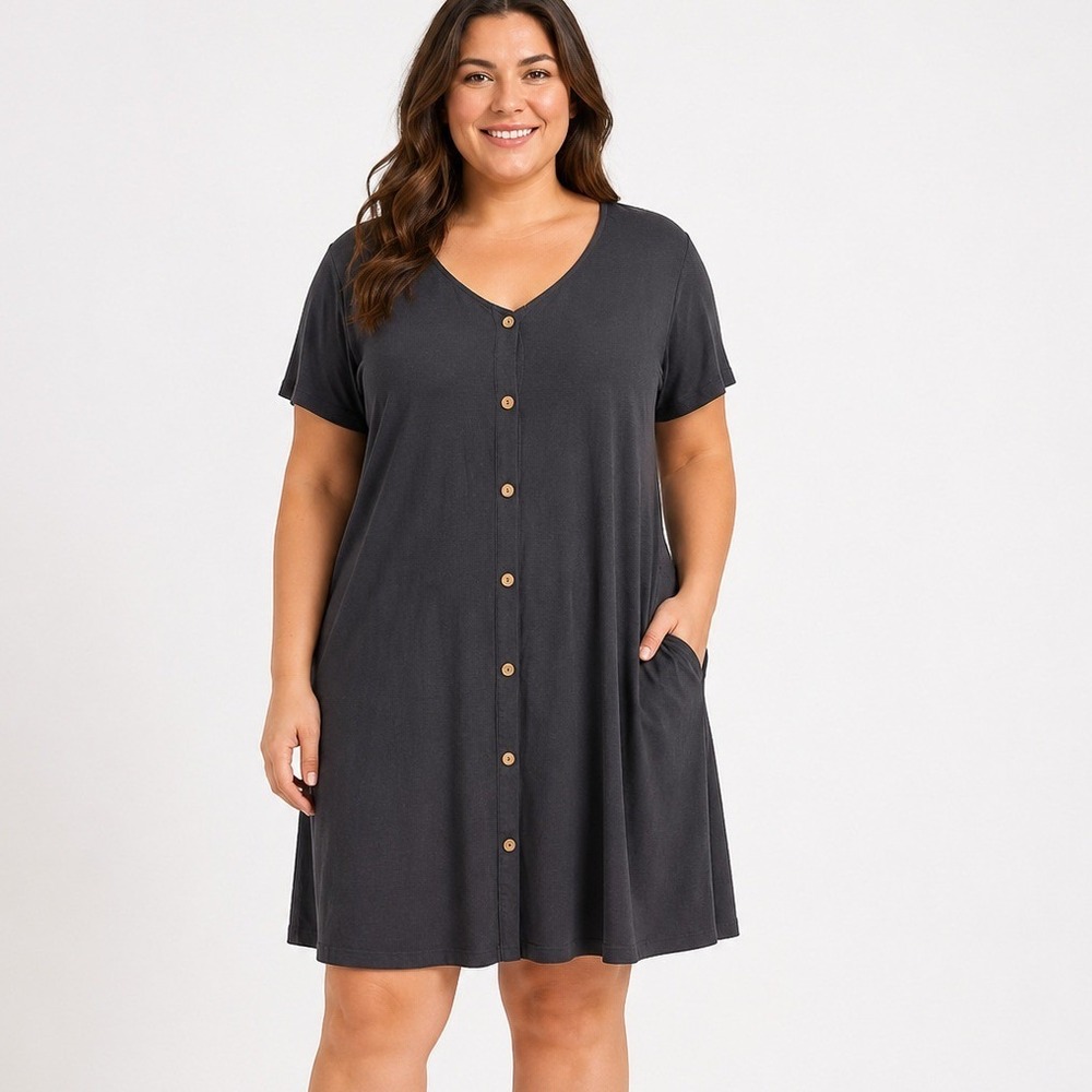 Manydress Black Short Sleeve Button Front V-Neck Jersey Knit Mini Dress XL NWT